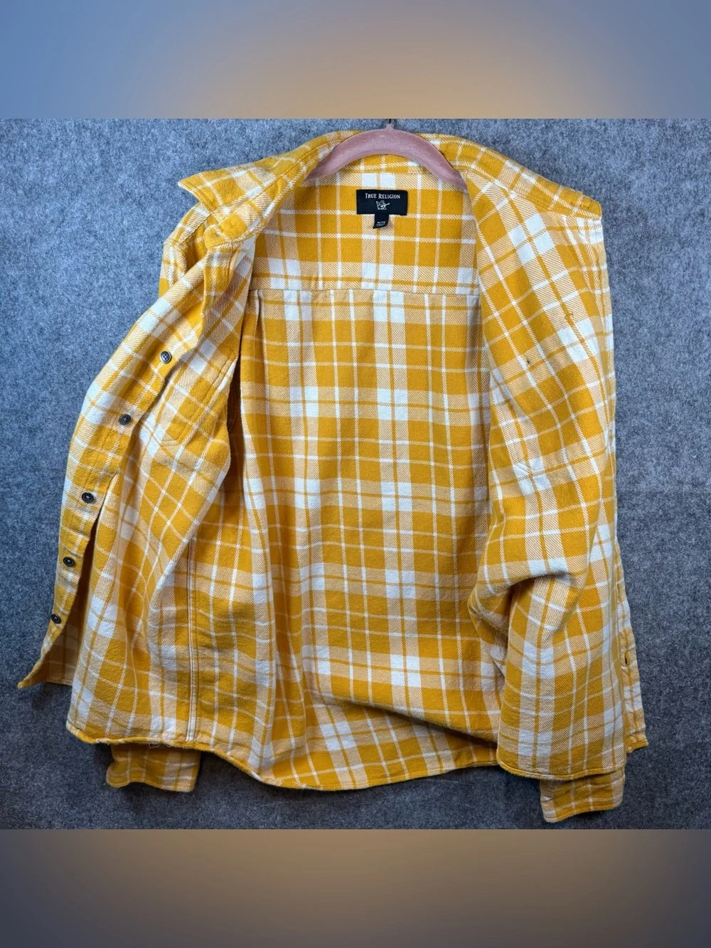True Religion Yellow White Plaid Flannel Shirt Men’s XL Long Sleeve Button Up